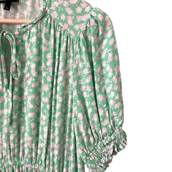 Who What Wear Green Floral Midi Puff Elbow Sleeve Dress in Size Large - Picture 10 of 14